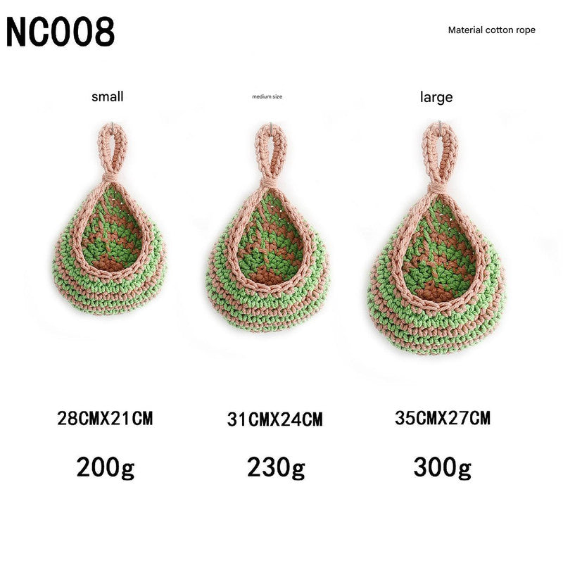 Green And Pink 3-Piece Wall-Mounted Cotton Rope Storage Baskets – Large, Medium, and Small Hand-Woven Fruit/Vegetable/Storage Nets (Large weight 300g, Medium weight 230g, Small weight 200g)