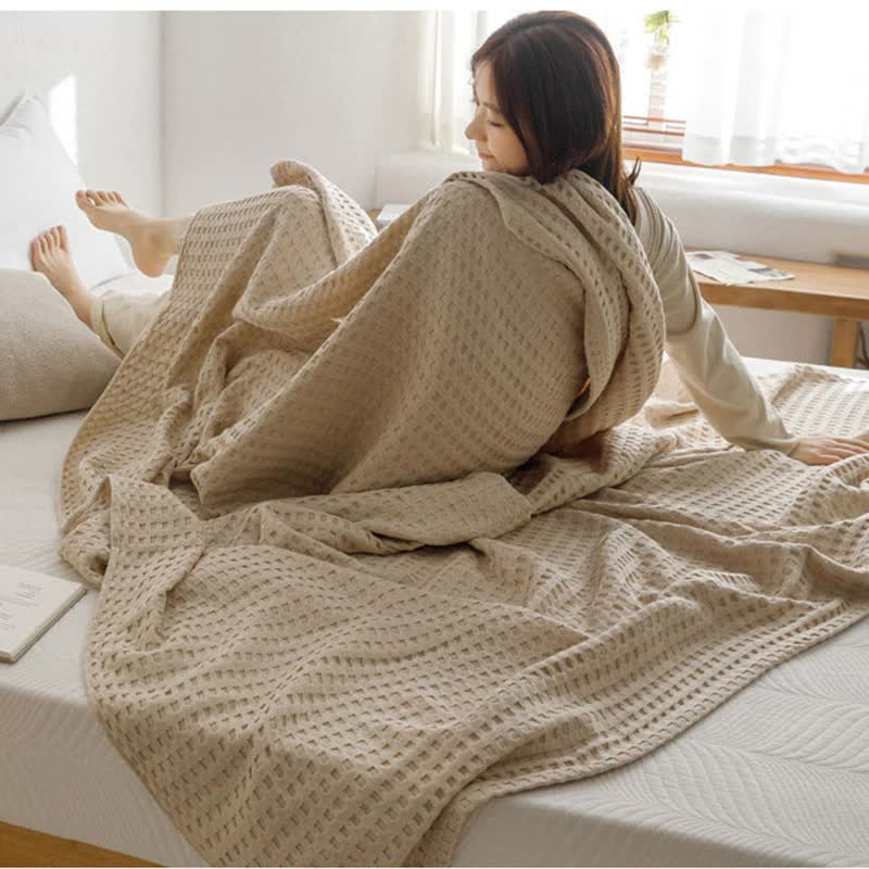 Cotton Waffle Blanket - Air Conditioning Blanket/Throw/Summer Quilt, 100*150cm,Khaki