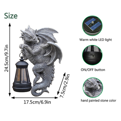 Solar-Powered Dragon Statue with LED Lantern - Gothic Outdoor Wall Hanging Decor