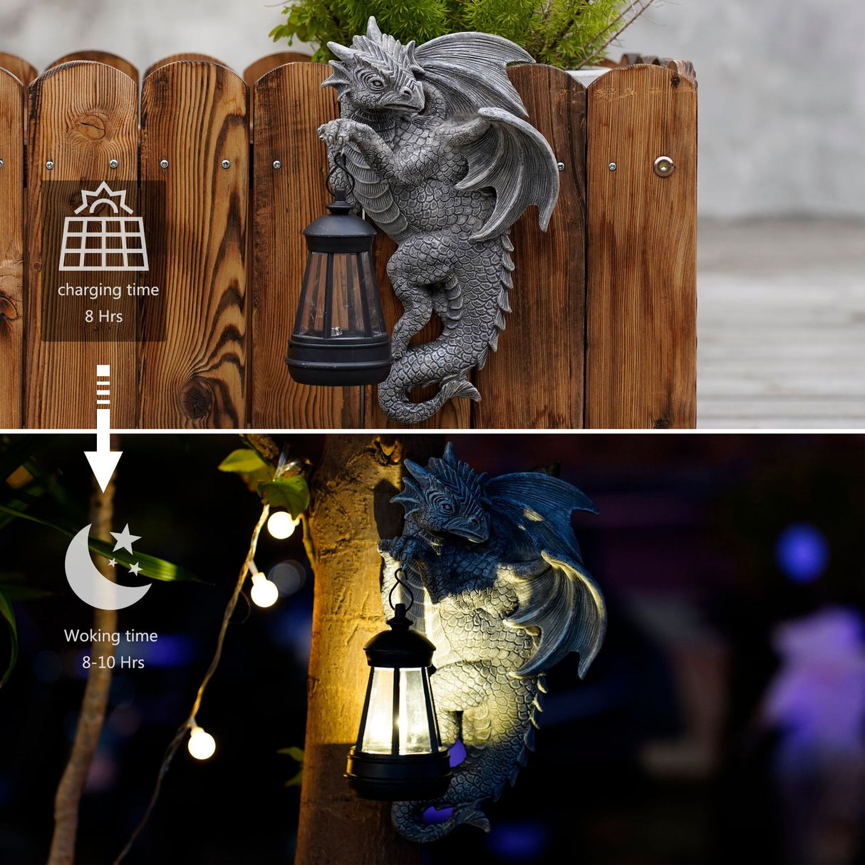 Solar-Powered Dragon Statue with LED Lantern - Gothic Outdoor Wall Hanging Decor