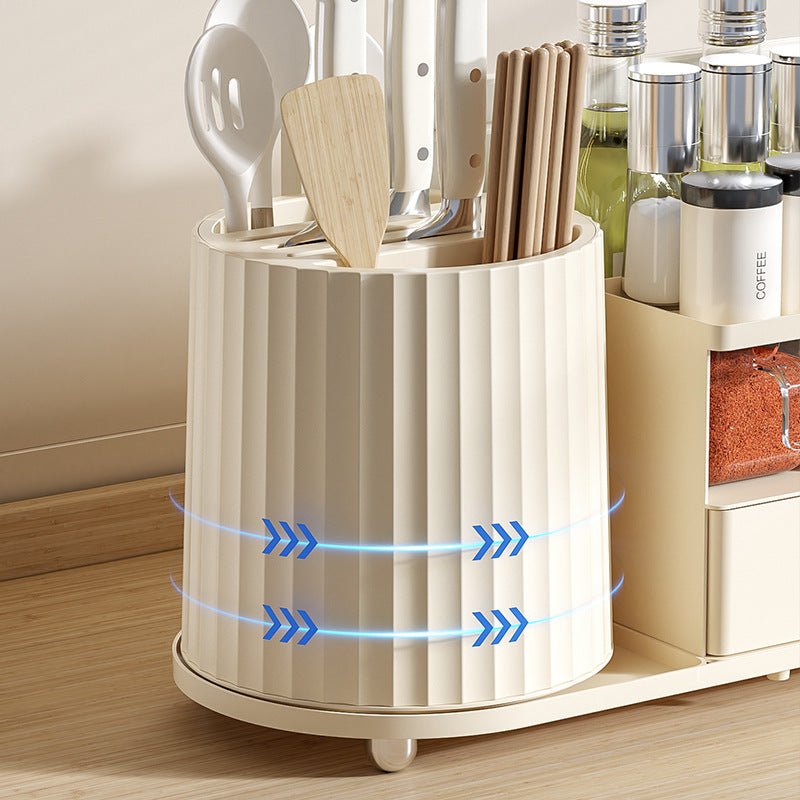 All-in-One Kitchen Countertop Organizer | Rotating Utensil Holder, Knife Block & Spice Rack with Drawer | Cream White