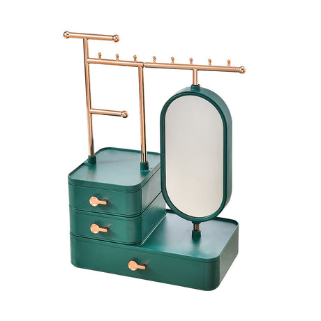 Elegant Green Jewelry Organizer with Mirror - Multi-Layer Storage & Display Stand (25x15x37.5cm)