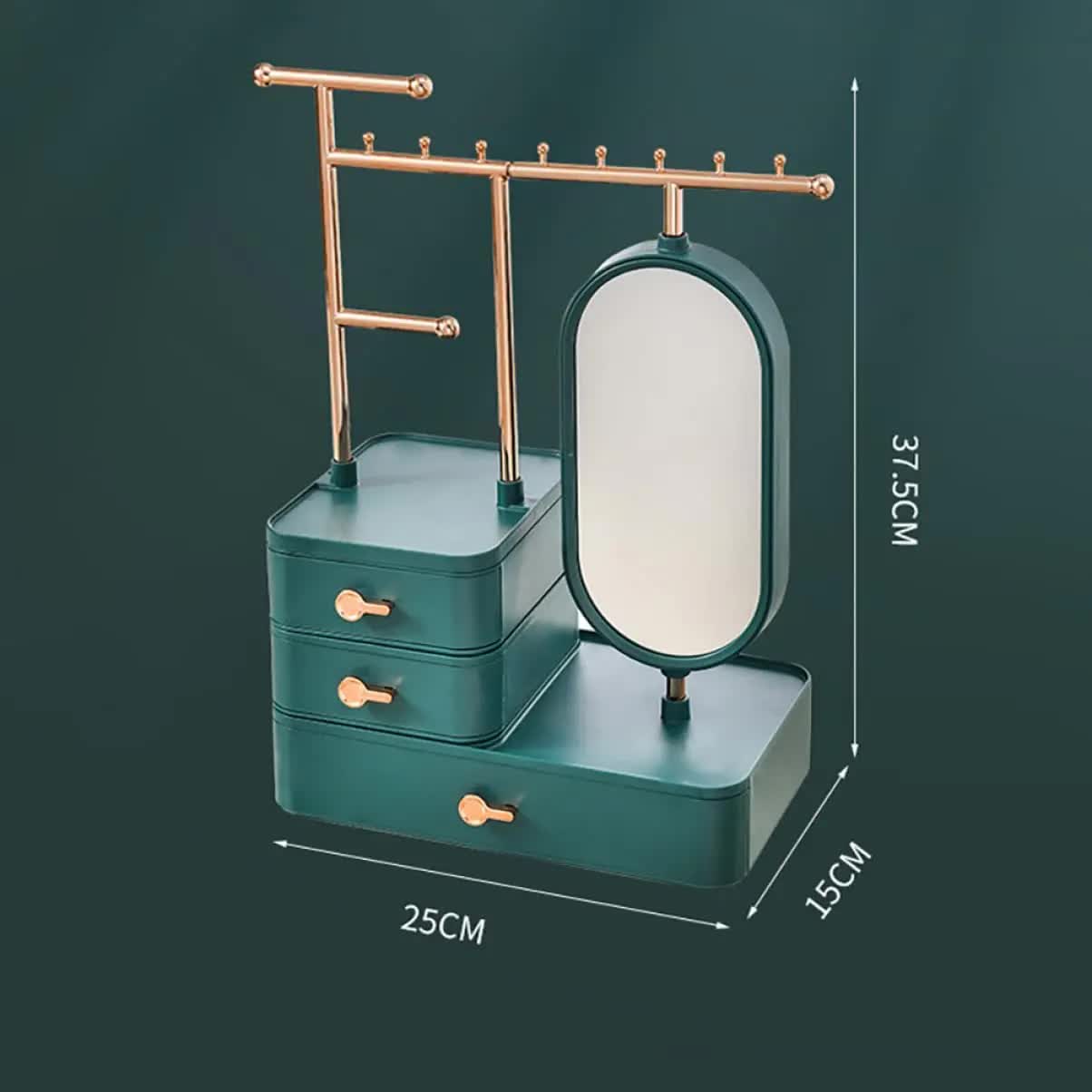 Elegant Green Jewelry Organizer with Mirror - Multi-Layer Storage & Display Stand (25x15x37.5cm)