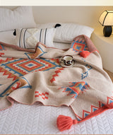 Orange Bohemian Geometric Tassel Throw Blanket - Soft Cotton Blend for Bedroom, Living Room, and Sofa 130x170cm