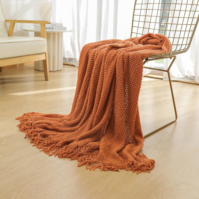 Orange Premium Woven Knitted Throw Blanket with Tassels | Soft, Cozy Sofa & Bed Blanket, Perfect for Office or Afternoon Naps 127x172cm