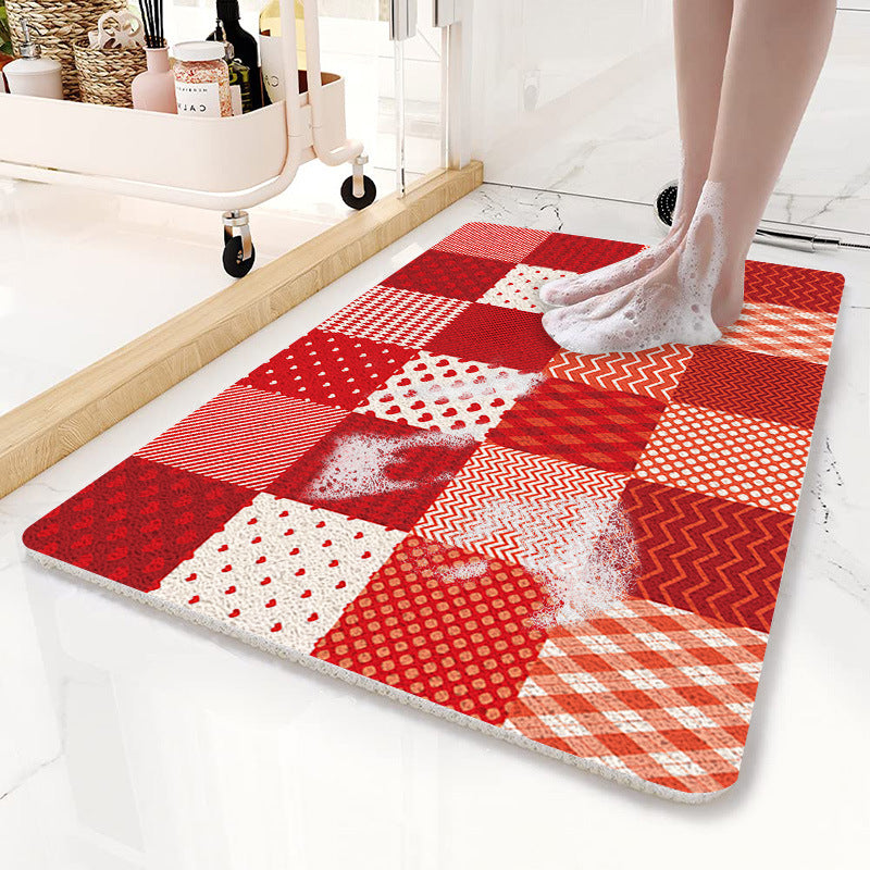 Red Checkered Pattern  PVC Non-Slip Bath Mat 45x75cm - Shower Drain Hole Design, Soft & Quick-Dry Bathroom Rug