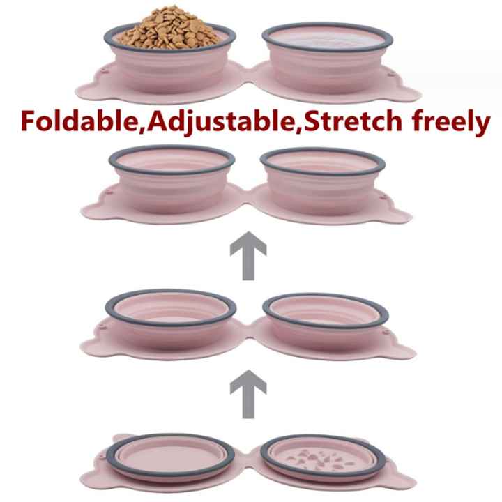 Dark Blue Portable Collapsible Pet Bowl Set - Food-Grade Silicone Double Bowl for Dogs & Cats, Anti-Slip & Easy to Clean