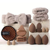 3 * Brown 20 Sets Makeup Sponge Set - Flannel Headband, Crystal Velvet Puffs, Non-Latex Beauty Blenders for Flawless Application