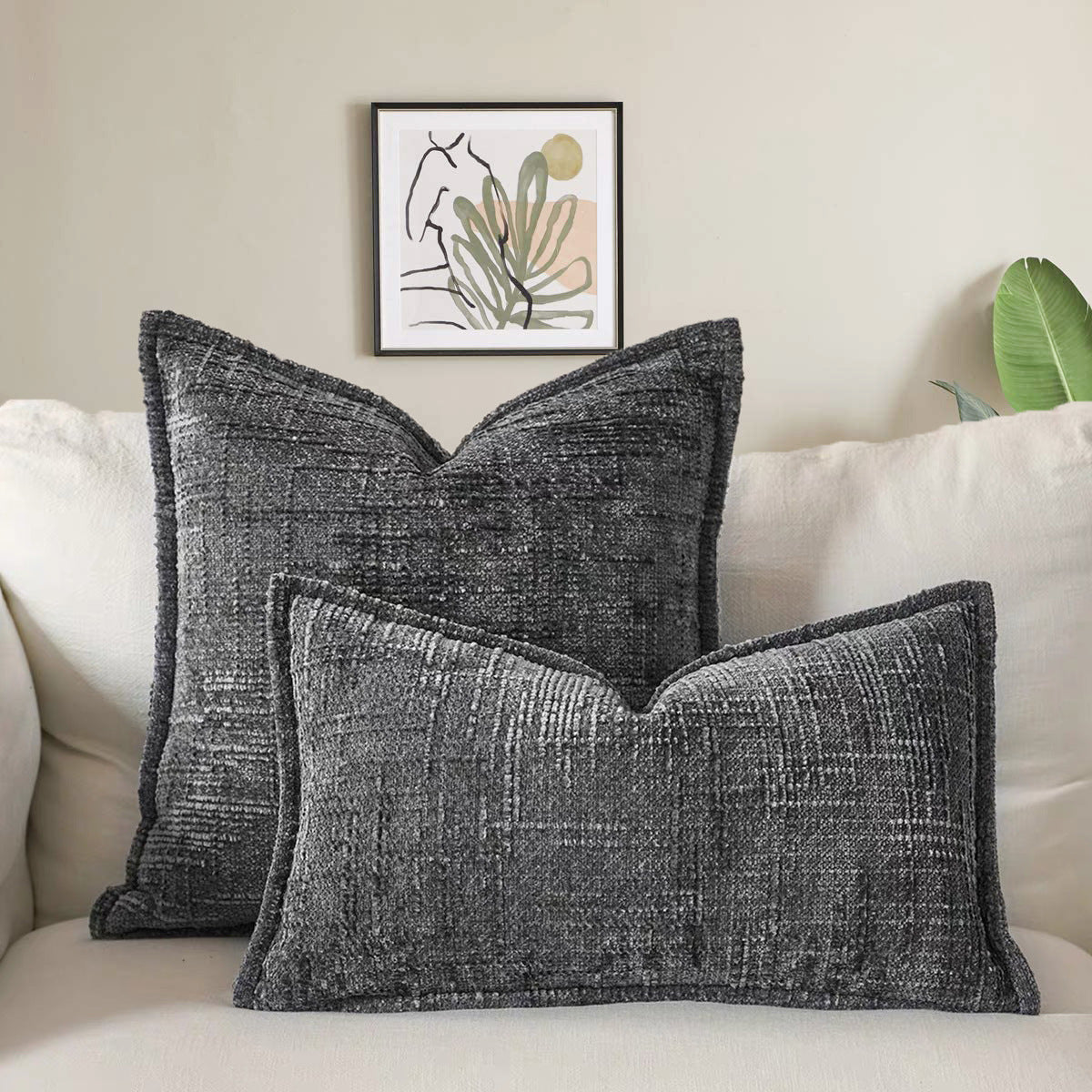 Dark Grey Chenille Crosshatch Textured Pillow Covers Set of 2 - Modern Minimalist Sofa Bed Cushion Covers 45x45cm & 30x50cm(without pillow core)