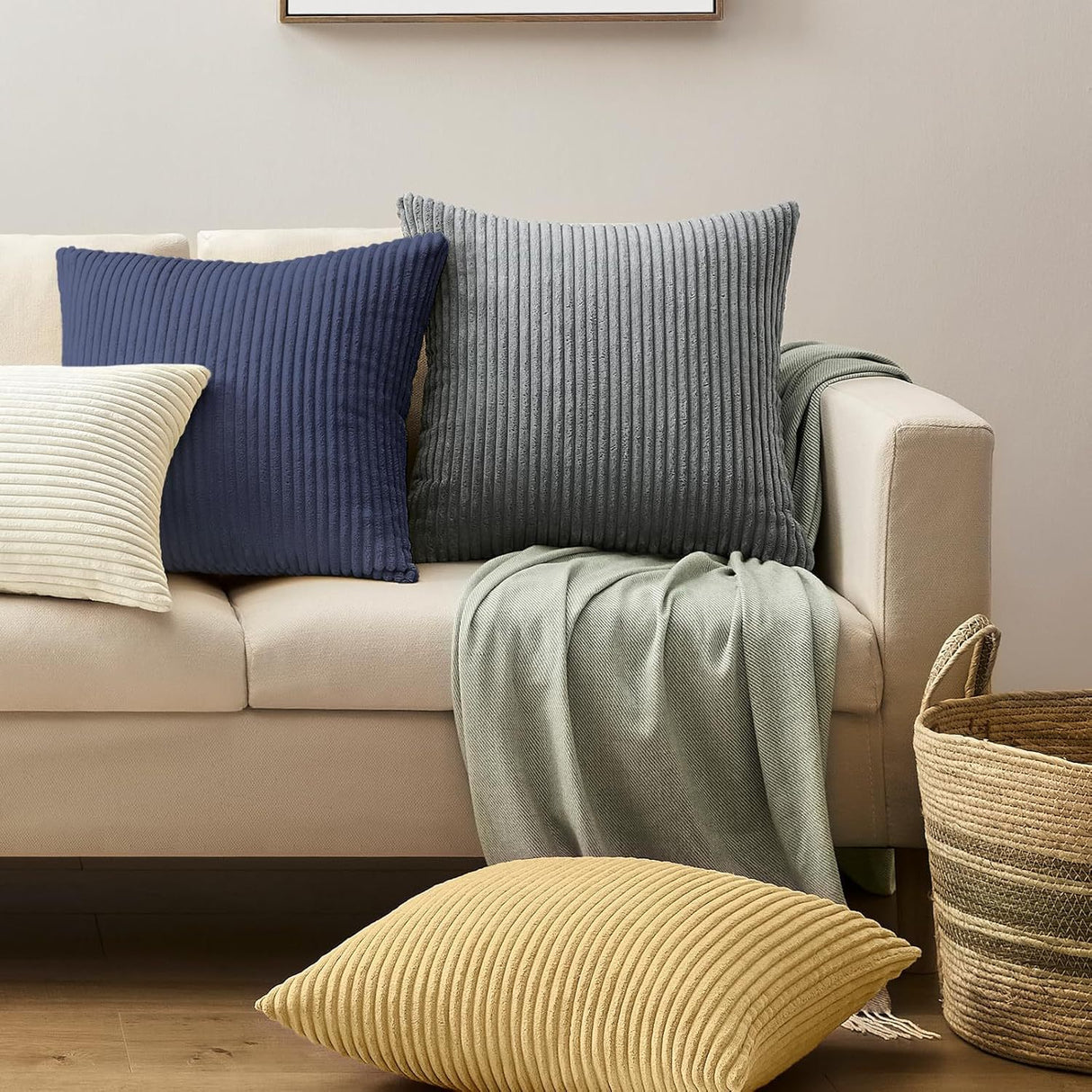 Blue Plush Striped Pillow Covers 45x45cm - Set of 4 Corduroy-Style Cushion Covers with Invisible Zipper, Soft and Washable for Sofa Decor