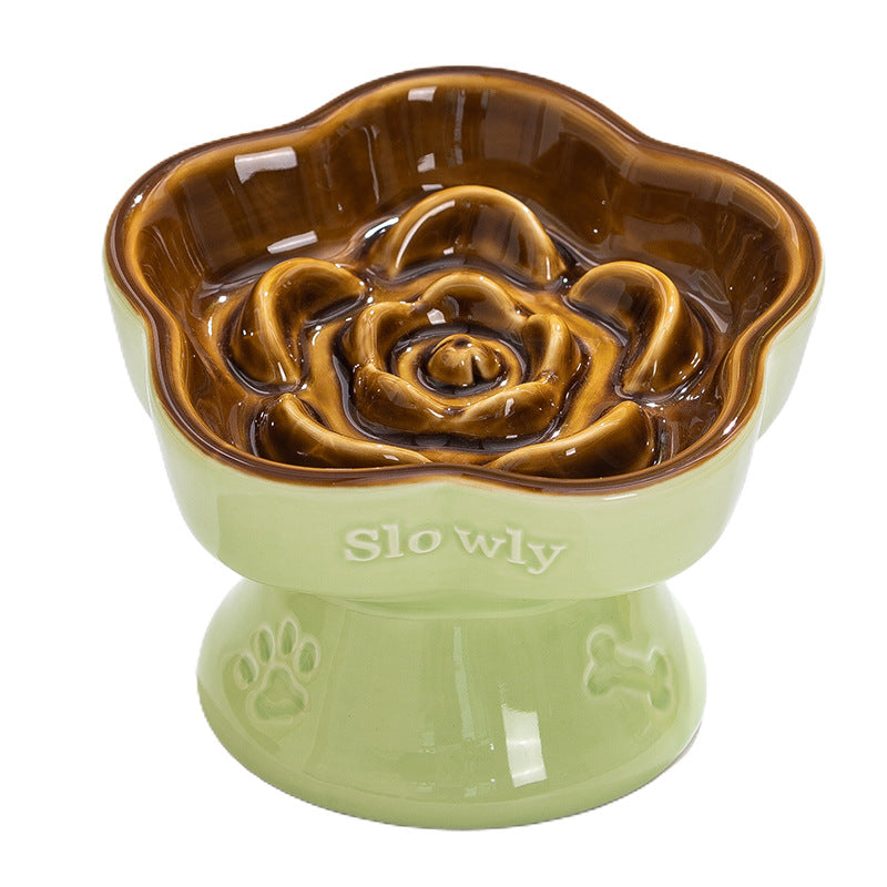Green and Brown Ceramic Slow Feeder Pet Bowl for Cats and Small Dogs - Anti-Choke Elevated Design with 15-Degree Tilted Rim