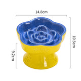Yellow and Blue Ceramic Slow Feeder Pet Bowl for Cats and Small Dogs - Anti-Choke Elevated Design with 15-Degree Tilted Rim