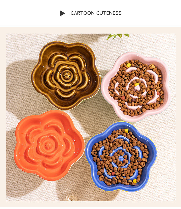 Khaki and Orange Ceramic Slow Feeder Pet Bowl for Cats and Small Dogs - Anti-Choke Elevated Design with 15-Degree Tilted Rim