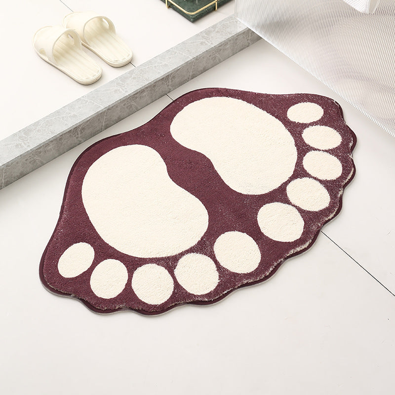 2 Pcs Dark Red And White Foot-Shaped Plush Bath Mat - Non-Slip Absorbent Bathroom Rug for Bedroom and Doorway (50x80cm)