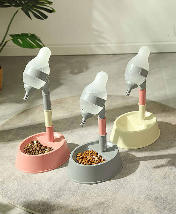 Pink Base Adjustable Height Pet Water Dispenser with Food Bowl Base - Non-Drip Bottle Feeder Station for Dogs & Cats