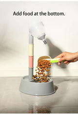 Grey Base Adjustable Height Pet Water Dispenser with Food Bowl Base - Non-Drip Bottle Feeder Station for Dogs & Cats