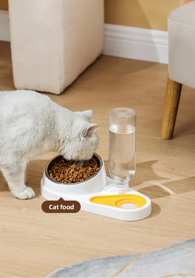 White And Yellow Pet Bowl Set with Automatic Gravity Water Dispenser - Stainless Steel & PP Feeder Station