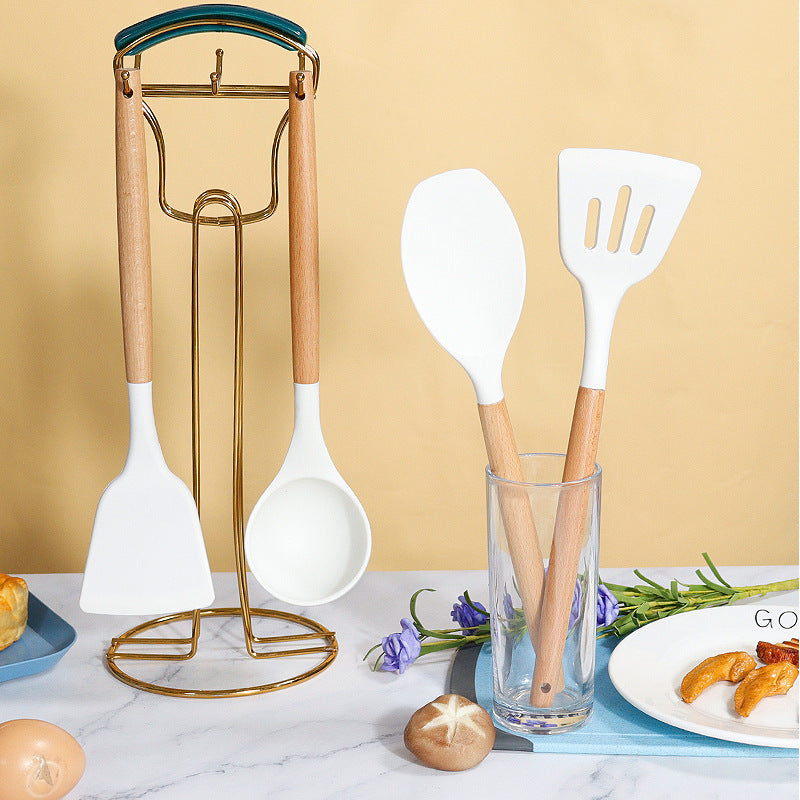 Light Grey 11-Piece Silicone Kitchen Utensil Set with Wooden Handles and Storage Bucket - Heat Resistant and Non-Stick