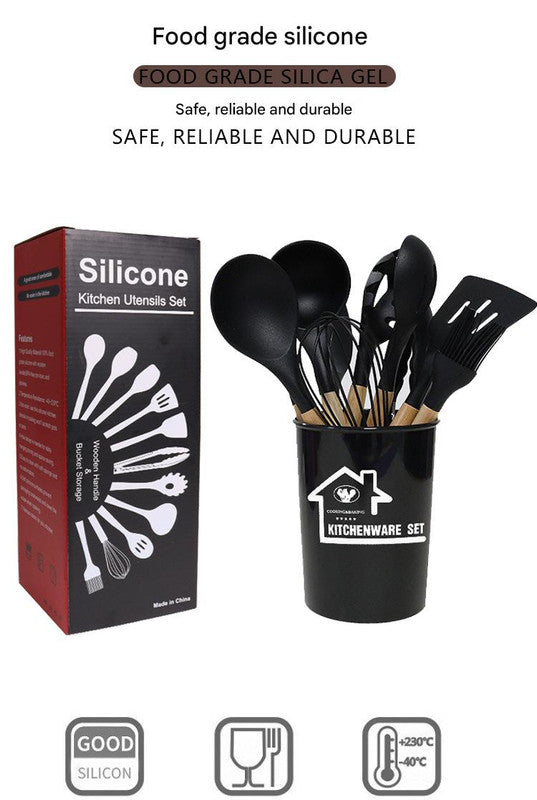 Pink 11-Piece Silicone Kitchen Utensil Set with Wooden Handles and Storage Bucket - Heat Resistant and Non-Stick