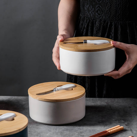 White Nordic Ceramic Butter Dish with Knife - Airtight Cheese Container with Bamboo Lid, Kitchen Storage