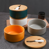 Green Nordic Ceramic Butter Dish with Knife - Airtight Cheese Container with Bamboo Lid, Kitchen Storage