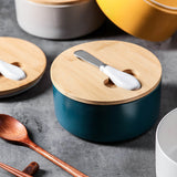 Gray Nordic Ceramic Butter Dish with Knife - Airtight Cheese Container with Bamboo Lid, Kitchen Storage