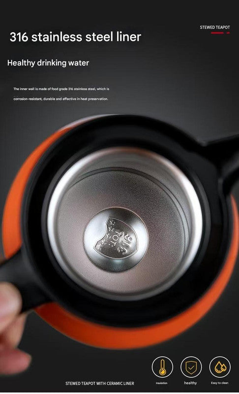 Black 316 Stainless Steel Stewing Tea Kettle with Wooden Handle - Insulated Tea and Coffee Kettle with Infuser for Home and Office