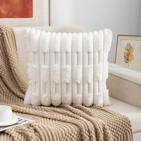 A pair of White Plush Faux Rabbit Fur Throw Pillow Cover - Textured Wheat Ear Design (45x45cm)