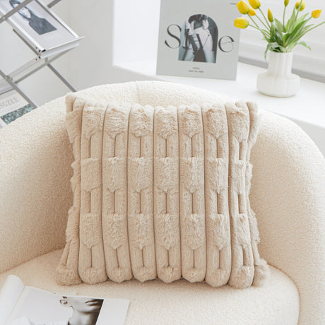 A pair of Khaki Plush Faux Rabbit Fur Throw Pillow Cover - Textured Wheat Ear Design (45x45cm)