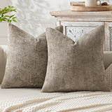 Khaki Plush Chenille Cushion Covers Set of 2 - Soft Textured Decorative Throw Pillow Cases for Sofa Couch, 45x45cm