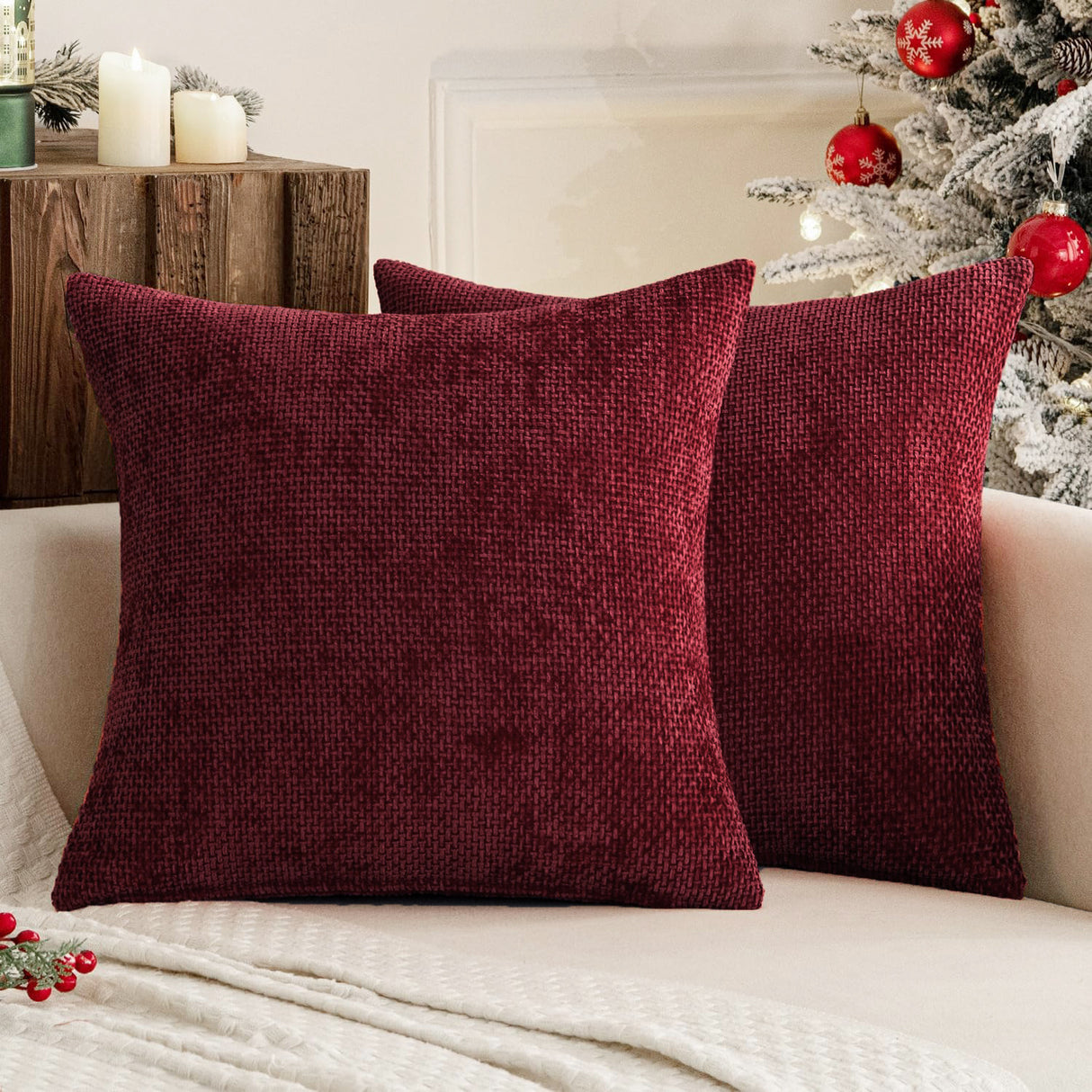 Dark Red Plush Chenille Cushion Covers Set of 2 - Soft Textured Decorative Throw Pillow Cases for Sofa Couch, 45x45cm