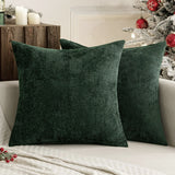 Dark Green Plush Chenille Cushion Covers Set of 2 - Soft Textured Decorative Throw Pillow Cases for Sofa Couch, 45x45cm