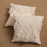 Beige Boho Chic Macrame Cushion Cover - Handmade Woven Cotton Linen Pillow Case with Tassels - Decorative Throw Pillow Sham 45x45cm (Cover Only)