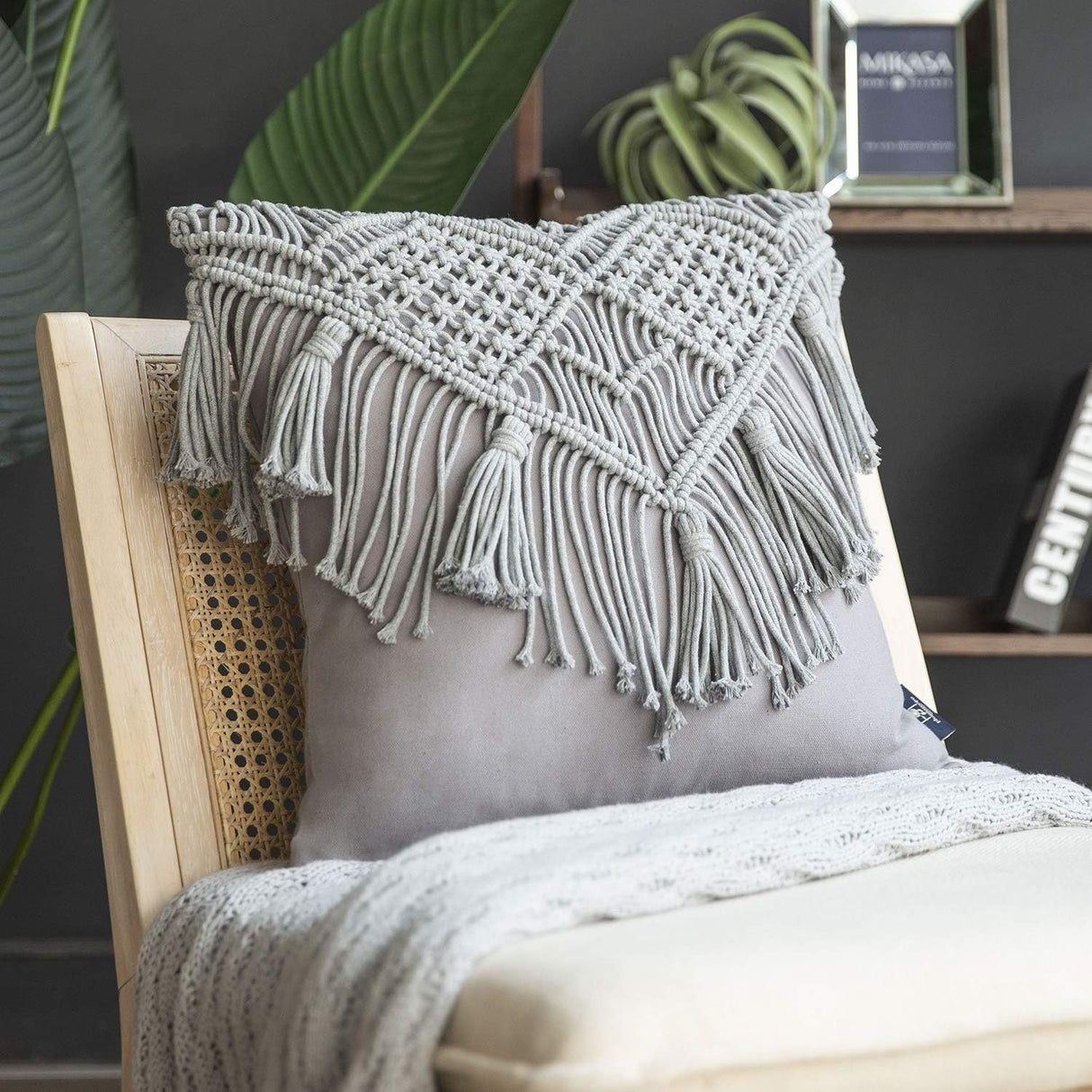 Grey Boho Chic Macrame Cushion Cover - Handmade Woven Cotton Linen Pillow Case with Tassels - Decorative Throw Pillow Sham 45x45cm (Cover Only)