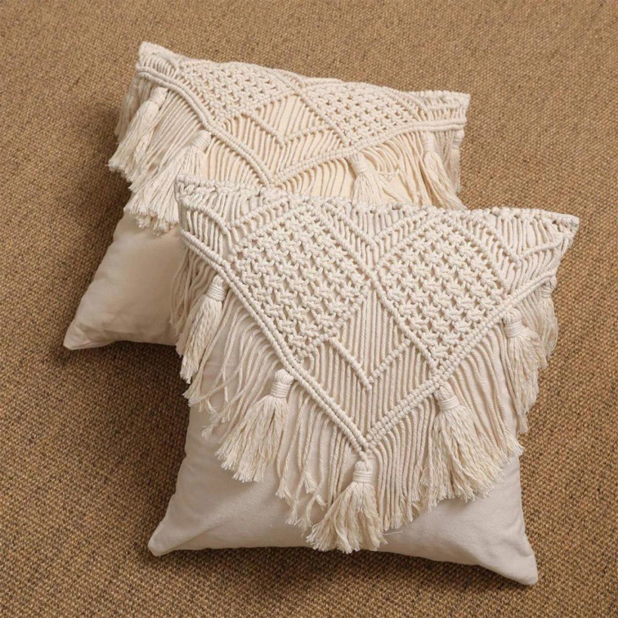 Grey Boho Chic Macrame Cushion Cover - Handmade Woven Cotton Linen Pillow Case with Tassels - Decorative Throw Pillow Sham 45x45cm (Cover Only)