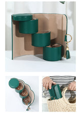 Green Elegant 3-Tier Cylindrical Travel Jewellery Box - PU Leather Organizer for Rings Earrings Necklaces with Tassel Charm