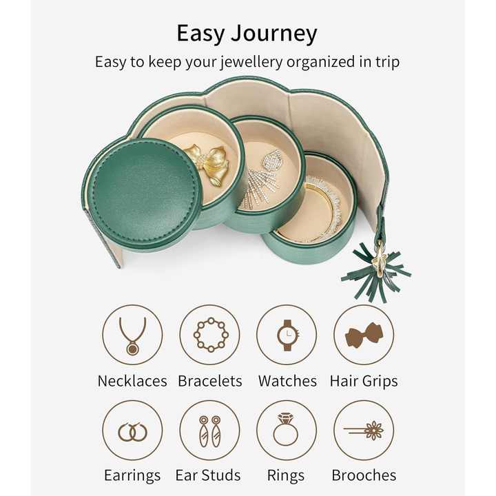 Green Elegant 3-Tier Cylindrical Travel Jewellery Box - PU Leather Organizer for Rings Earrings Necklaces with Tassel Charm