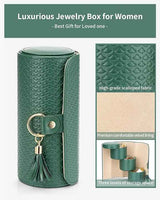 Green Elegant 3-Tier Cylindrical Travel Jewellery Box - PU Leather Organizer for Rings Earrings Necklaces with Tassel Charm