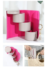 Beige and Pink Elegant 3-Tier Cylindrical Travel Jewellery Box - PU Leather Organizer for Rings Earrings Necklaces with Tassel Charm
