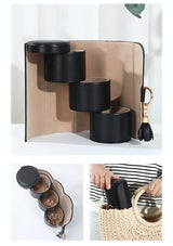 Black and Khaki Elegant 3-Tier Cylindrical Travel Jewellery Box - PU Leather Organizer for Rings Earrings Necklaces with Tassel Charm