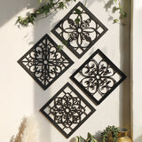 Black Set of 4 Intricate Black Wooden Wall Art Panels - Diamond Mandala Style Home Decor Plaques