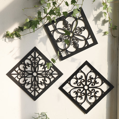 Black Set of 4 Intricate Black Wooden Wall Art Panels - Diamond Mandala Style Home Decor Plaques
