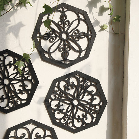 Black Set of 4 Intricate Wooden Octagonal Wall Art - European Style Mandala Decor Plaques