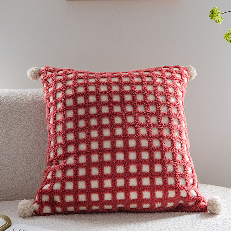 Red and Beige 3D Checkered Cushion Cover with Pom Poms - Soft Decorative Pillow Case for Sofa & Living Room (45x45cm, Cover Only)