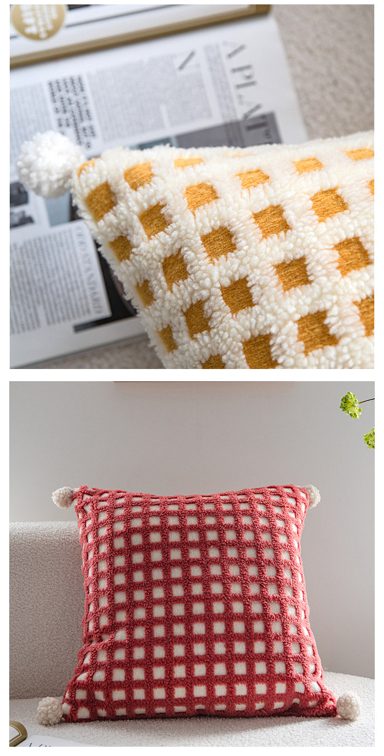 Red and Beige 3D Checkered Cushion Cover with Pom Poms - Soft Decorative Pillow Case for Sofa & Living Room (45x45cm, Cover Only)
