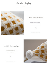 Beige and Yellow 3D Checkered Cushion Cover with Pom Poms - Soft Decorative Pillow Case for Sofa & Living Room (45x45cm, Cover Only)