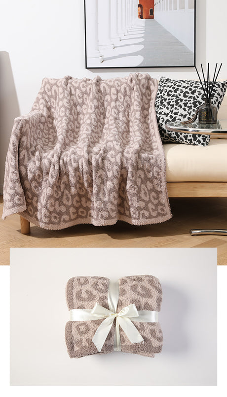 Beige and Khaki Luxurious Leopard Print Knit Throw Blanket - Ultra-Soft Jacquard Plush for Sofa, Bed & Cozy Comfort (130x150cm)