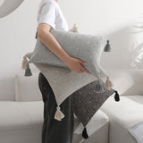 Beige Chic Geometric Jacquard Cushion Covers with Tassels - Set of 2, Plush Blend for Sofa & Bed Decor (45x45cm, Insert Not Included)