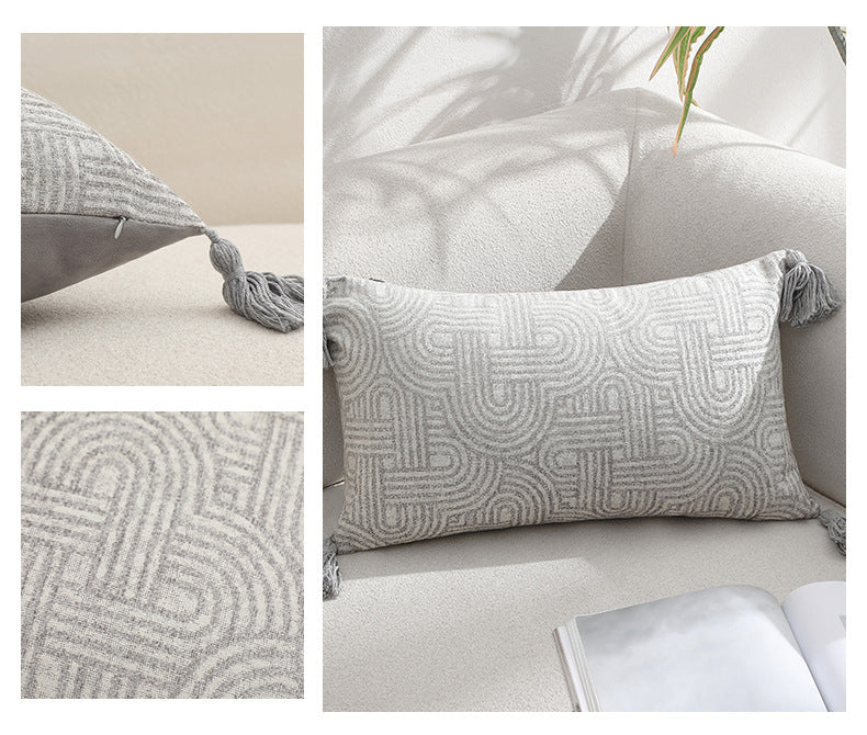 Grey Chic Geometric Jacquard Cushion Covers with Tassels - Set of 2, Plush Blend for Sofa & Bed Decor (45x45cm, Insert Not Included)