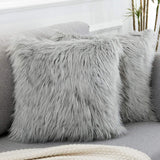Grey Luxurious Long Faux Fur Cushion Covers - Set of 2, 45x45cm Soft Plush Decorative Pillowcases for Sofa & Bed